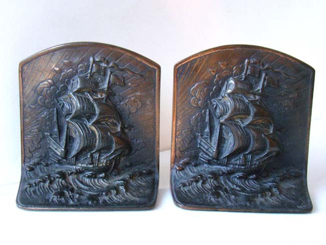 A pair of Antique ship bookends by Bronze Met circa 1922